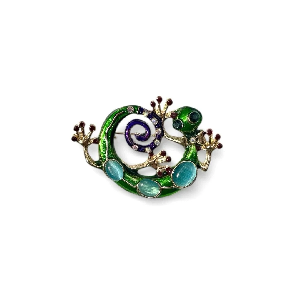 Vintage Multicolor Enamel Rhinestone Green Gecko Lizard Brooch Pin